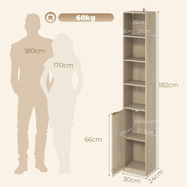 Bookcase Adjustable Shelf Bookshelf Anti-Tip Hardware 6-Tier Storage Cabinet Oak Wood Effect