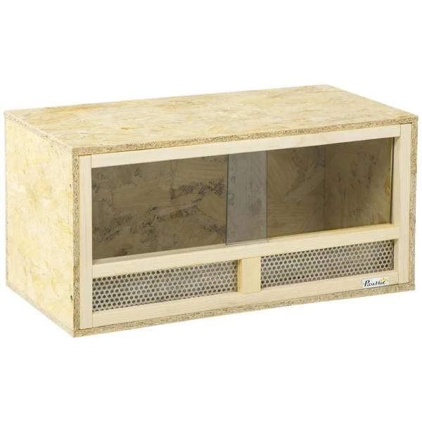 Natural wood reptile terrarium with transparent sliding doors and front mesh vents