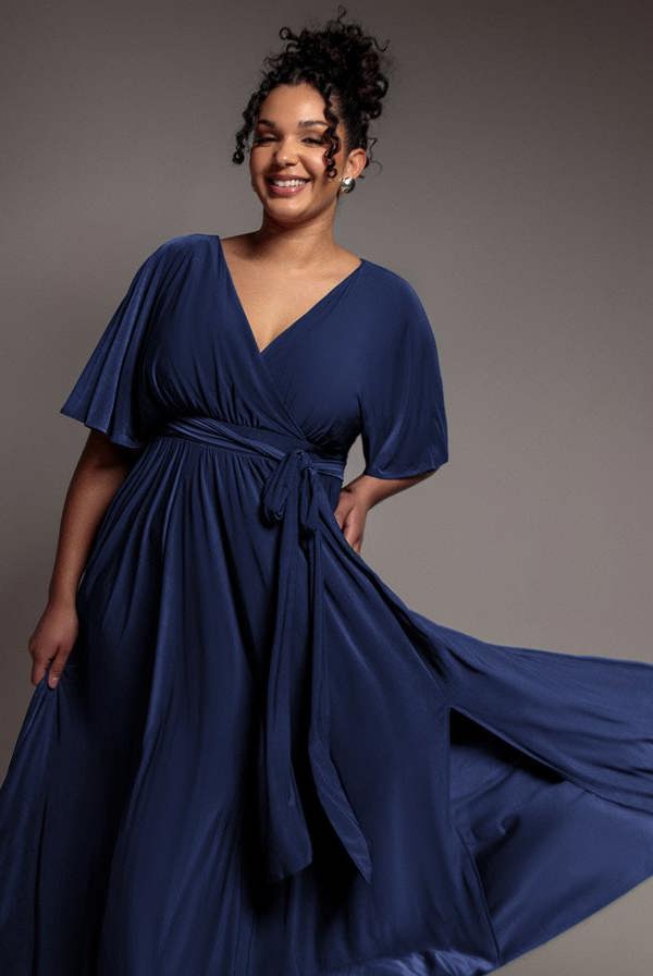 Wrap Front Maxi With Flutter Sleeves - Navy Blue DR2565P