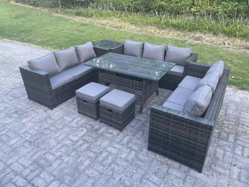 Fimous 11-Seater Dark Grey PE Wicker Rattan Outdoor Lounge Set | Rectangular Dining Table, 2 Footstools, Side Table