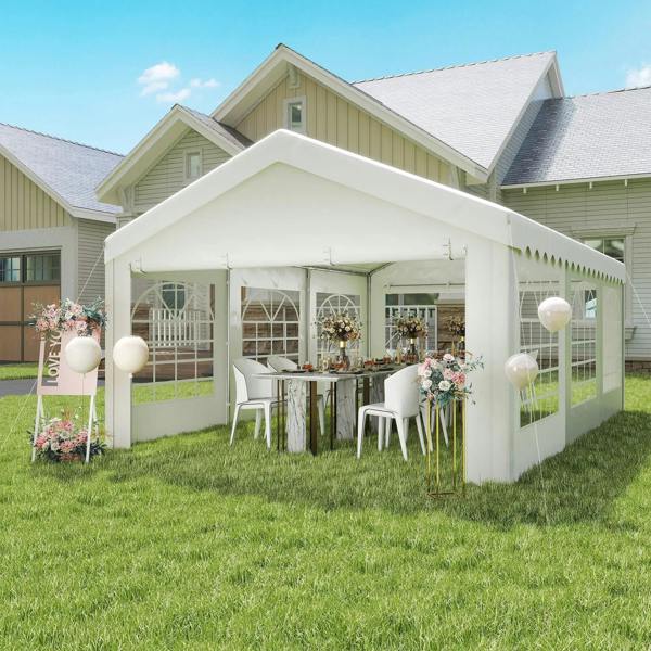 White garden event gazebo with open front, side windows, and scalloped roof trim