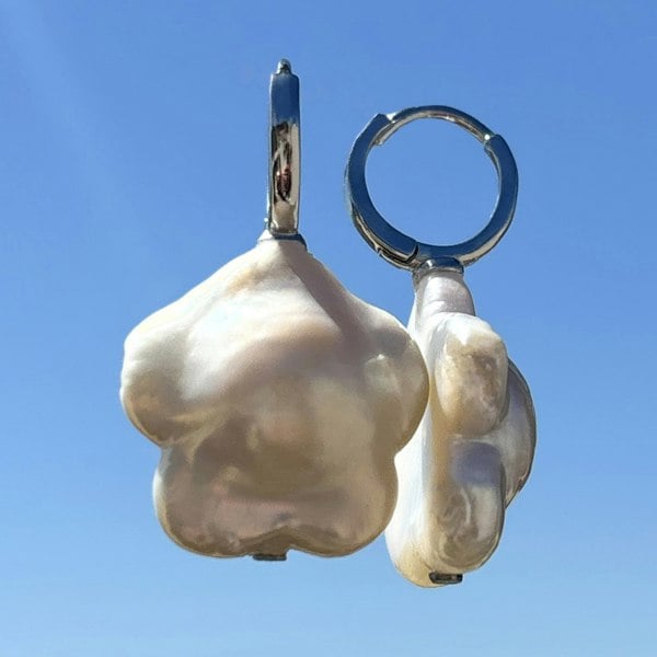 Flower-shaped pearl hoop earrings, handcrafted in London by LENAE.