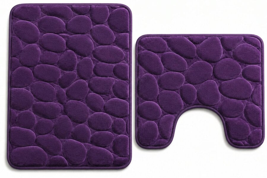 Night Zone Pebble Stone Bath Mat Set – Soft Absorbent Non-Slip Bathroom Rug Set - Plum