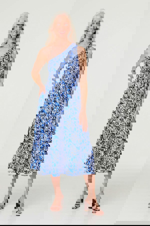Blue | Printed Asymmetric Midi Sun Dress