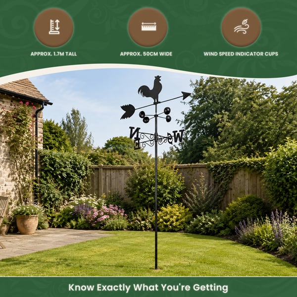 Cockerel Weathervane, All-Steel Black Painted Weather Vane With Wall Fixings and 1.7m Ground Spike, Wind Speed Cups