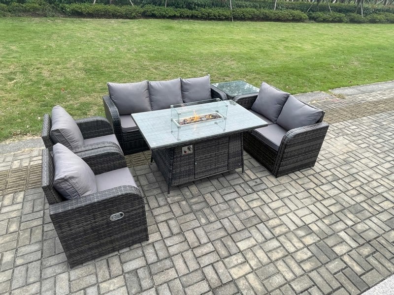 Fimous PE Wicker Outdoor Rattan Garden Furniture Set Propane Gas Fire Pit Table and Sofa Chair set with Side Table 7 Seater