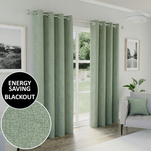 Enhanced Living 100% Blackout Curtains - Thermal/Energy Saving Linen Look Pair with Eyelets For Living Room & Bedrooms - Green