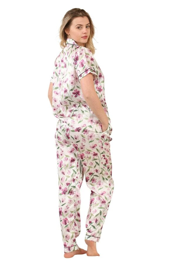 Luxury Floral Satin Pajama Set for Women - Short Sleeve Button-Up Top and Long Pants With pockets