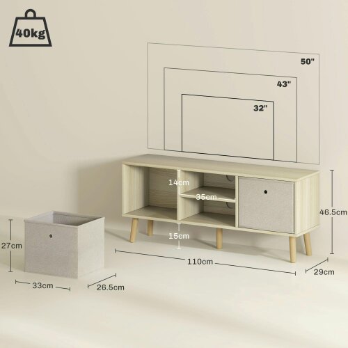 Wyld Haus Lepa Yoha 110cm Natural Wood TV Storage Cabinet With Fabric Fold Down Drawers For Screens Up To 50 Inches