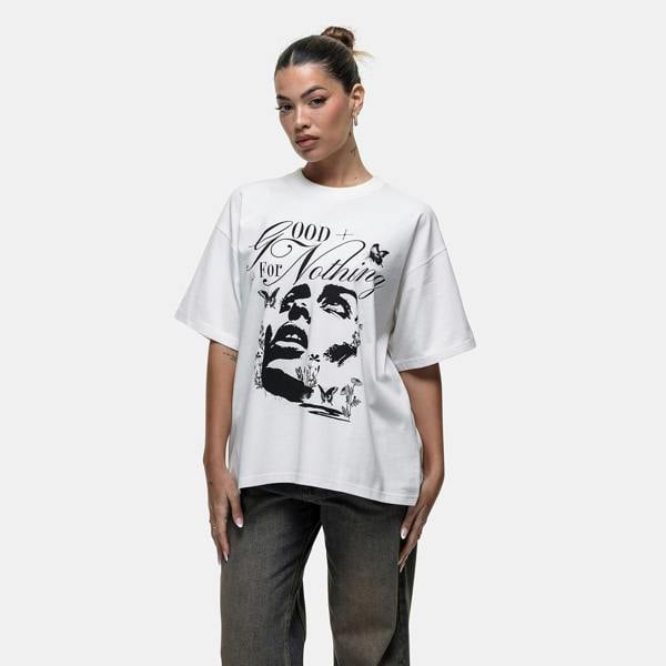 Good For Nothing White Graphic Print Oversized T-Shirt - White Image 1