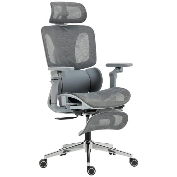 Grey ergonomic office chair with high-back mesh, padded seat, armrests, and caster wheels