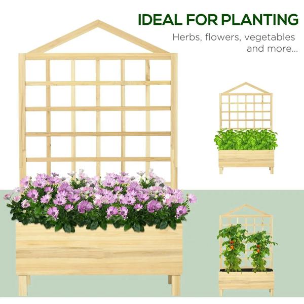 Natural wood trellis raised bed planter with flowers and small climbing plant photos