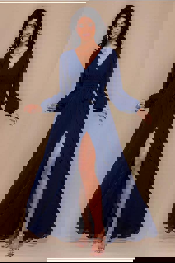 Sustainable Front Split Wrap Style Chiffon Maxi Dress - Navy Blue DR4314BBS