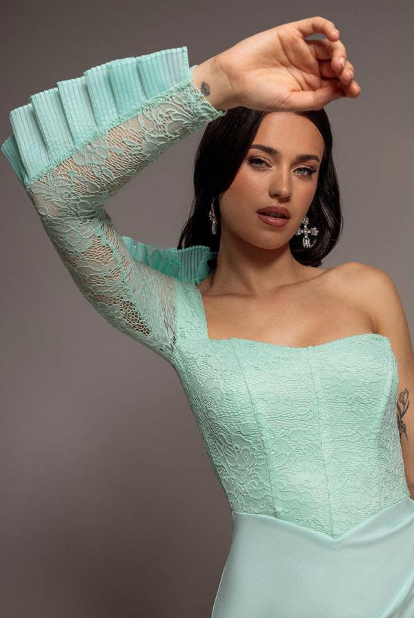 One Shoulder Organza  Fan Detail Lace Bodice Maxi Dress - Mint Green DR4577