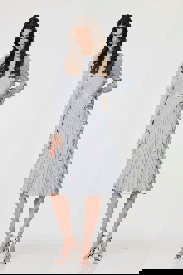 Silver | Pleated Tie Waist Ribbed Knit Midi Dress
