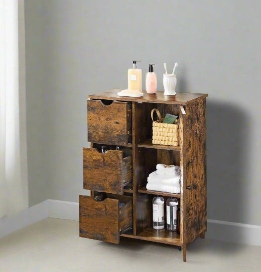 Modcraft Rustic Bathroom Floor Cabinet with 3 Drawers & Adjustable Shelves – Wooden Storage Unit for Bathroom