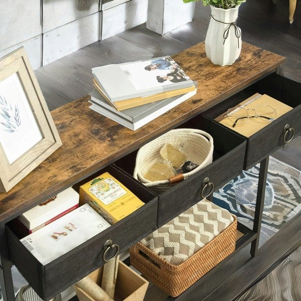 Rafaelo Mobilia Slim Sofa Table with 3 Non-woven Drawers