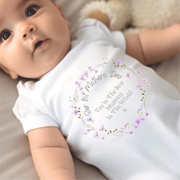 Personalised 1st Mothers Day Floral Babygrow | Name Vest or Bib UK