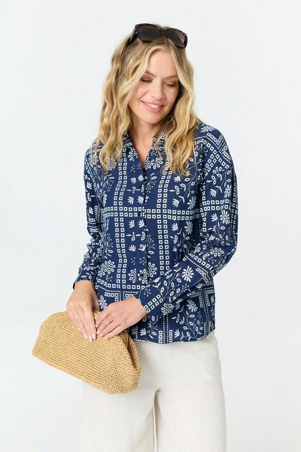 Blue | Printed Long Sleeve Relaxed Shirt