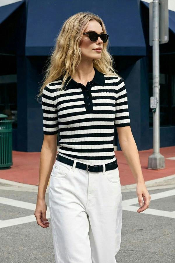 WOVCOR Basic Polo Collar T-Shirt Look Thin Blouse