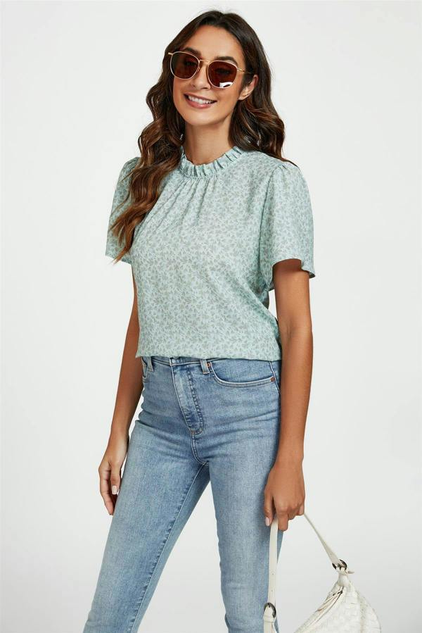 FS Collection Grey Little Floral Print Angle Sleeve High Neck Top/Blouse In Blue