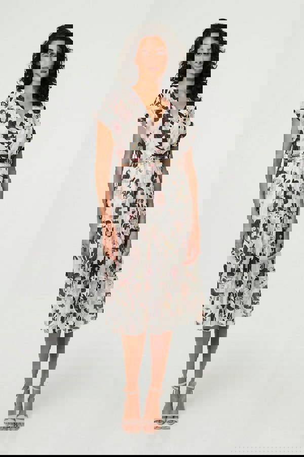 Black | Floral Cap Sleeve Belted Wrap Midi Dress
