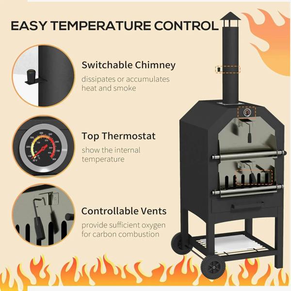 Black charcoal pizza oven grill with top thermostat dial and switchable chimney