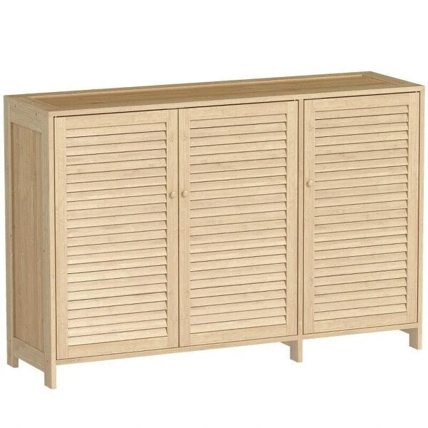 Bobobiy Bamboo Shoe Cabinet with Louvered Doors, 18 Pairs Shoe Storage Cabinet with Adjustable Shelves for Hallway, Natural