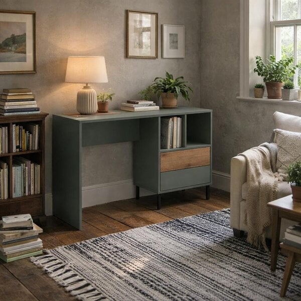 Wyld Haus Spentrup Olive Green and Natural Oak Wood Desk 2 Drawers