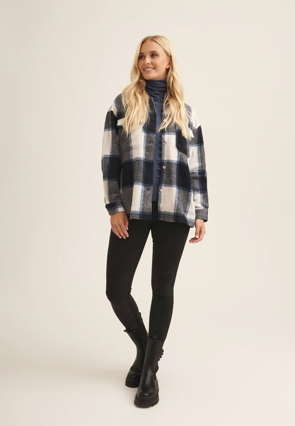 Gini London Navy Check Oversized Pocket Detail Shacket