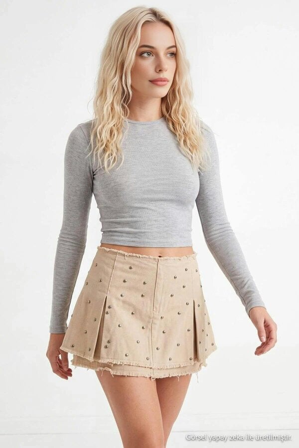 WOVCOR High Waisted Studded Detail Mini Denim Skirt