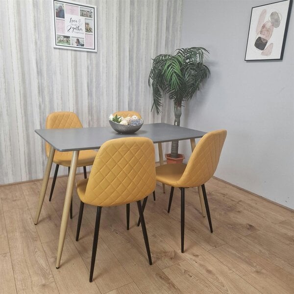 Kosy Koala Wooden Rectangle Dining Table Set Grey Table with 4 Mustard Gem Patterned Chairs