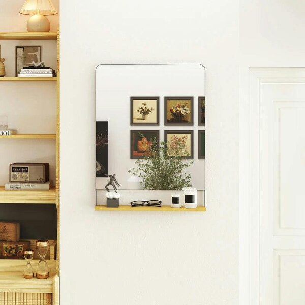 Wall Mirror with Wood Shelf - Black