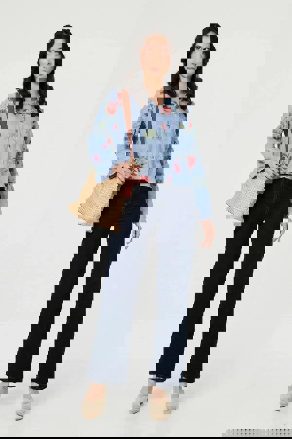 Blue | Floral 3/4 Turn-Up Sleeve Cropped Shirt