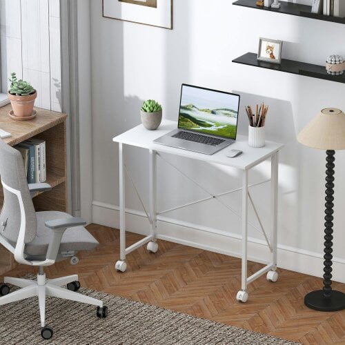 Wyld Haus Romira 80cm Metal White Folding Desk Lockable Wheels