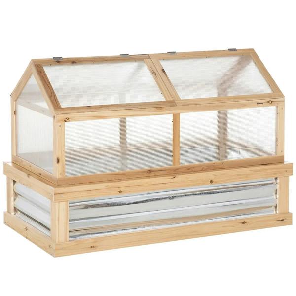 Raised garden bed greenhouse cold frame with clear panels and hinged wooden roof, natural wood