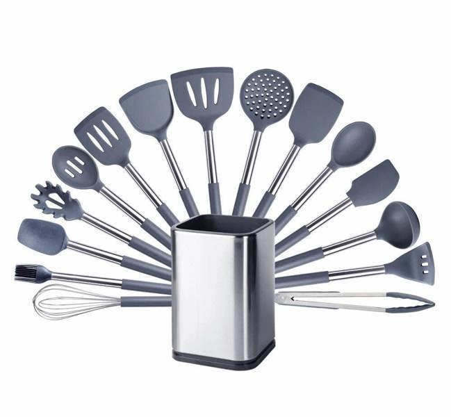 Anygleam Kitchen Utensils Non-stick Grey/ Silver 15 Set Cooking Tool with Storage Box Accessories Heat Resistant Kitchenware