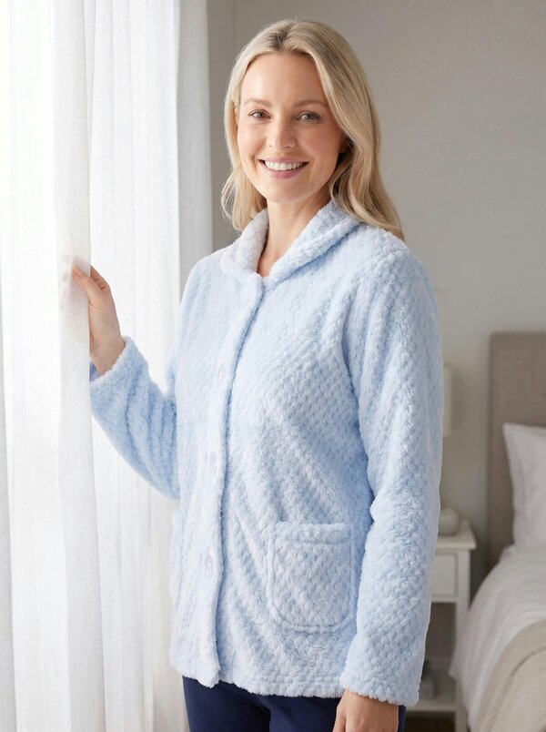 Camille Womens Supersoft Popcorn Textured Fleece Button Up Bed Jacket