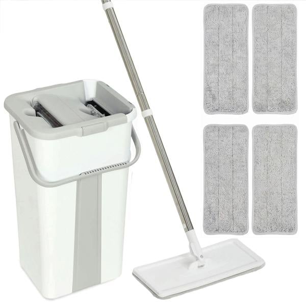 HOMCOM Mop and Bucket Set, Flat Mop System with Wringer, 2 Chambers, White