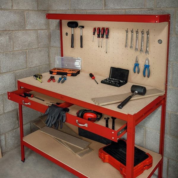 Monster Racking Workbench with Pegboard, Drawer & Light – Red