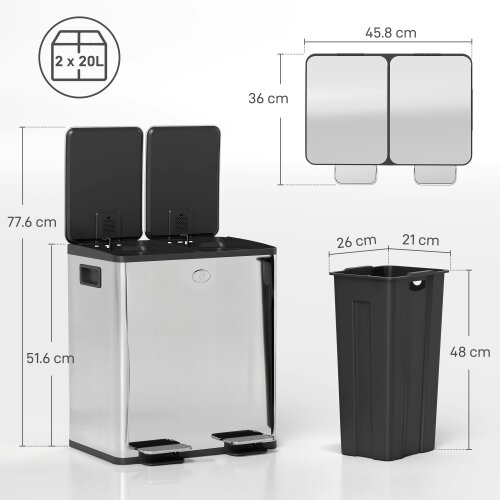 HOMCOM 40L Dual Compartment Kitchen Pedal Bin - Stainless Steel Recycling Bin