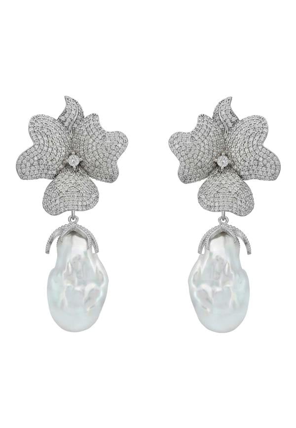 Large pearl and diamond flower earrings.