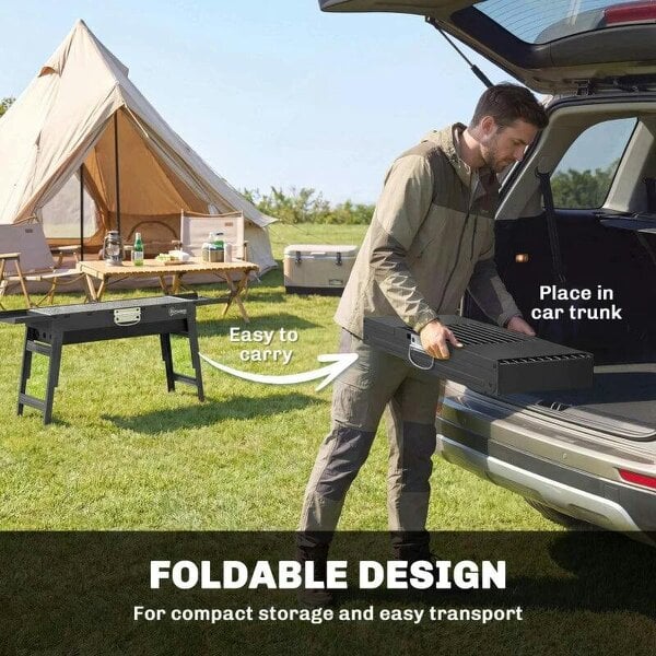 Bobobiy Portable BBQ Grill, Foldable Charcoal Grill for Camping and Picnics with 2 Side Shelves and Handle, Black