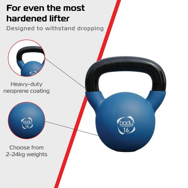 Blue 16kg neoprene kettlebell with a sturdy black handle, designed for durability and comfort during workouts, ideal for strength training