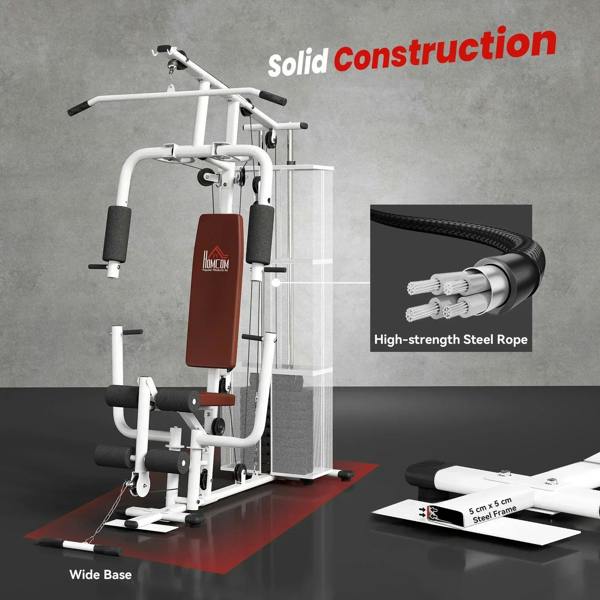 White home gym station with high-strength steel rope and padded rollers, detailed cable close-up