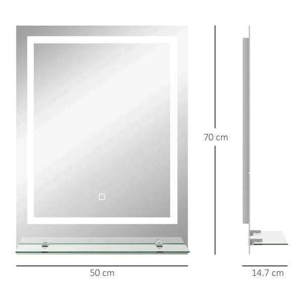 Large illuminated bathroom mirror with LED frame, clear glass shelf, size dimensions