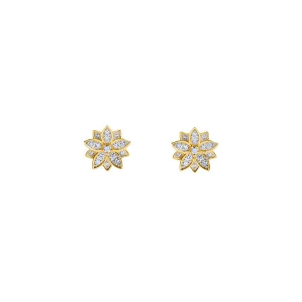 Gold flower-shaped earrings with clear stones on a white background. Solid 14K yellow gold lotus earrings by BLOOMTINE with VS1 brilliant-cut diamonds. Featuring an 8mm architectural 3D design and secure butterfly backs, these hallmarked fine jewelry studs are the quintessential milestone gift for anniversaries and birthdays