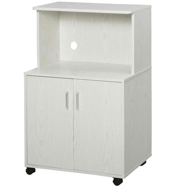 White microwave storage cabinet on wheels with open top shelf and double-door cabinet