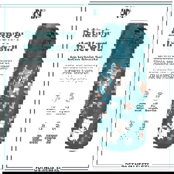 ION8 Leak Proof Kids Water Bottle, Stainless Steel, Forest Animals, 400ml (13oz)