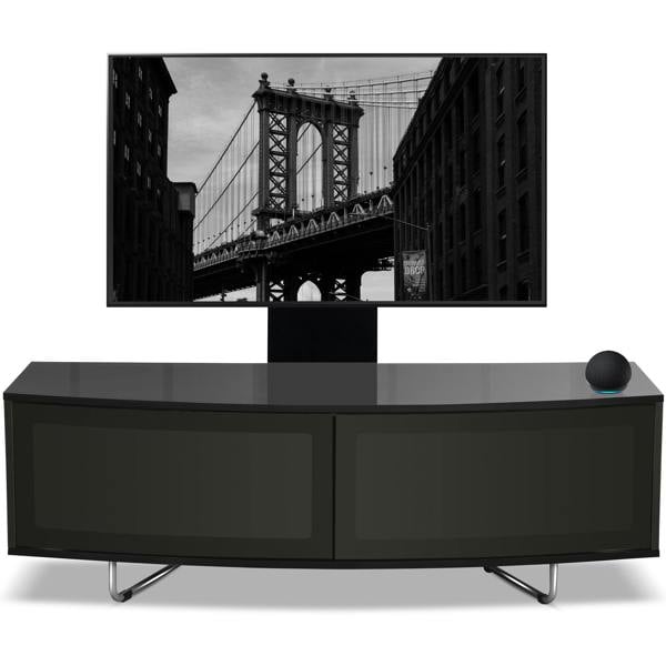 Homeology Caru Gloss Black Beam-Thru Remote Friendly Super-Contemporary D Shape Design 32"-65" LED/OLED/LCD TV Cabinet with Mounting Arm